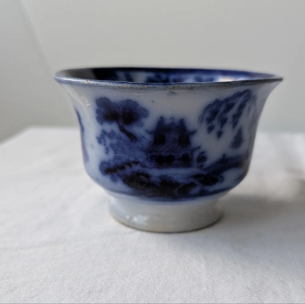 Antique J. Meir & Son England Kirkee Flow Blue Oriental Landscape Cup & Saucer